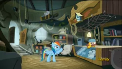 Size: 1920x1080 | Tagged: safe, derpibooru import, screencap, gimme moore, rainbow dash, gryphon, the lost treasure of griffonstone, anchor, awkward, bird house, cash register, discovery family logo, grappling hook, hat, newsboy hat, rope, shop, trunk
