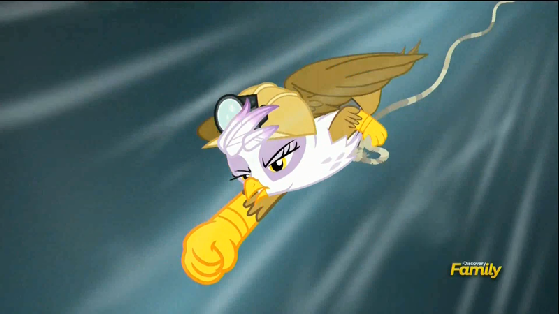 Size: 1920x1080 | Tagged: safe, derpibooru import, screencap, gilda, gryphon, the lost treasure of griffonstone, abysmal abyss, discovery family logo, falling, hard hat, hat, rope, solo, speed lines