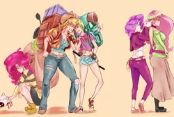 Size: 2500x1682 | Tagged: angry, applejack, artist:sundown, backpack, belly button, blushing, choker, clothes, converse, crab, derpibooru import, dress, edit, fluttershy, glare, gritted teeth, horned humanization, human, humanized, midriff, pinkie pie, rainbow dash, rarity, safe, shorts, skinny, smiling, sword, torn clothes, weapon, winged humanization