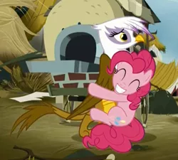 Size: 790x710 | Tagged: safe, derpibooru import, screencap, gilda, pinkie pie, gryphon, pony, the lost treasure of griffonstone, cropped, cute, duo, eyes closed, female, frown, gildadorable, grin, hug, mare, smiling, wide eyes