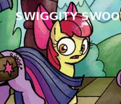 Size: 400x343 | Tagged: apple bloom, context is for the weak, derpibooru import, edit, idw, image macro, meme, reverse foalcon, safe, spoiler:comic, spoiler:comic30, swiggity swooty, twilight sparkle