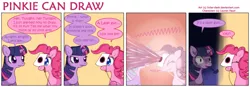 Size: 1382x483 | Tagged: artifact, artist:solar-slash, comic, derpibooru import, laser gun, pinkie being pinkie, pinkie physics, pinkie pie, safe, twilight sparkle