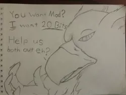 Size: 2448x1836 | Tagged: safe, artist:messenger, derpibooru import, oc, oc:lafiri, unofficial characters only, gryphon, the lost treasure of griffonstone, bits, caption, greed, greedy, mod, monochrome, pencil drawing, sketch, solo, traditional art