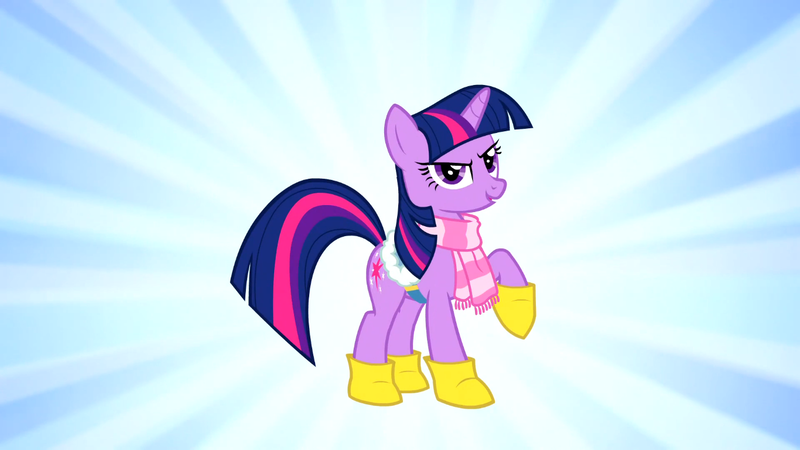 Size: 1366x768 | Tagged: safe, derpibooru import, screencap, twilight sparkle, pony, unicorn, winter wrap up, boots, clothes, looking at you, raised hoof, saddle, scarf, smirk, solo, sunburst background, unicorn twilight