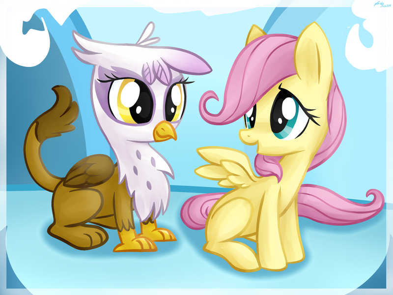 Size: 2204x1653 | Tagged: safe, artist:artoftheghostie, derpibooru import, fluttershy, gilda, gryphon, the lost treasure of griffonstone, alternate scenario, cute, filly, gildadorable, shyabetes