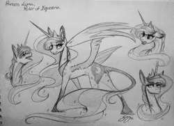 Size: 1280x929 | Tagged: artist:probablyfakeblonde, classical unicorn, derpibooru import, ear fluff, leonine tail, monochrome, princess luna, safe, solo, traditional art