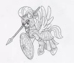 Size: 800x680 | Tagged: safe, artist:sensko, derpibooru import, crystal pony, pony, armor, army, black and white, crystal empire, crystal pegasus, grayscale, monochrome, pencil drawing, shield, solo, spear, traditional art, weapon