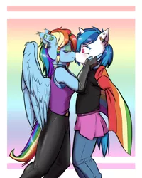 Size: 1280x1600 | Tagged: anthro, artist:krd, clothes, derpibooru import, ear piercing, female, gay pride flag, ireland, kissing, lesbian, lgbt, piercing, pride, rainbow dash, safe, shipping, skirt, vinyldash, vinyl scratch