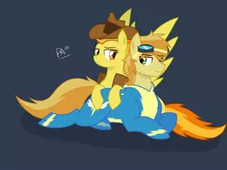 Size: 2048x1536 | Tagged: safe, artist:pimpartist101, derpibooru import, braeburn, spitfire, accessory swap, bedroom eyes, clothes swap, female, leaning, male, prone, shipping, smiling, spitburn, straight