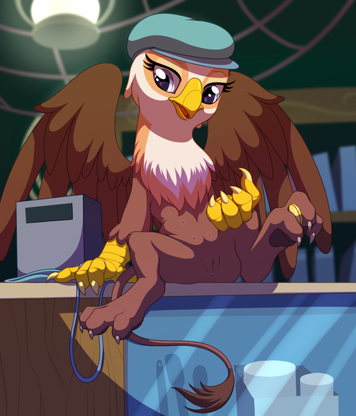 Size: 2203x2572 | Tagged: explicit, artist:stoic5, derpibooru import, gimme moore, gryphon, season 5, the lost treasure of griffonstone, anus, beak, bedroom eyes, between toes, cash register, crotchboobs, curled toes, cute, delicious flat crotch, female, g4, image, looking at you, multiple nipples, nipples, nudity, open mouth, paws, png, pubic fluff, raised eyebrow, shopkeeper, smiling, solo, solo female, spread legs, spread wings, talons, teats, toe curl, vulva