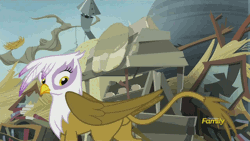 Size: 1088x612 | Tagged: safe, derpibooru import, screencap, gilda, greta, gryphon, the lost treasure of griffonstone, animated, clothes, cold shoulder, concerned, discovery family, discovery family logo, dismissive, glare, griffonstone, helping, ingrate, looking down, nest, rude, scarf, tree