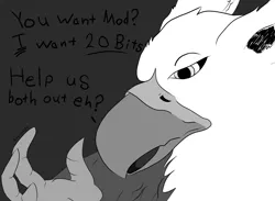 Size: 2352x1722 | Tagged: safe, artist:gatheringdust, artist:messenger, derpibooru import, oc, oc:lafiri, unofficial characters only, gryphon, the lost treasure of griffonstone, bits, caption, grayscale, greed, greedy, moderation, monochrome, solo