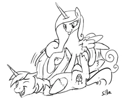 Size: 1100x872 | Tagged: safe, artist:silfoe, derpibooru import, princess cadance, shining armor, royal sketchbook, :p, cute, eyes closed, female, good clean married tickles, grayscale, laughing, male, monochrome, on back, open mouth, shining adorable, shiningcadance, shipping, sketch, straight, tickling, tongue out