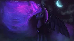 Size: 1920x1080 | Tagged: safe, artist:hierozaki, derpibooru import, princess luna, alicorn, pony, crescent moon, crying, glowing mane, magic, moon, night, pretty, sad, solo, spread wings, windswept mane, wings