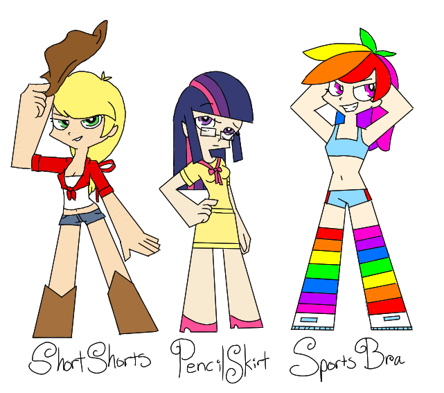 Size: 641x567 | Tagged: applejack, artist:bunnycat, belly button, clothes, derpibooru import, female, glasses, human, humanized, looking at you, midriff, panty and stocking with garterbelt, pencil skirt, rainbow dash, safe, shorts, skirt, sports bra, style emulation, twilight sparkle, wip