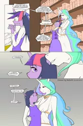 Size: 687x1042 | Tagged: anthro, artist:bakuhaku, artist:redoxx, breasts, comic, comic:royally screwed, derpibooru import, princess celestia, shipping, suggestive, twilestia, twilight sparkle