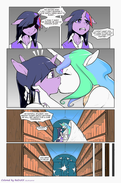 Size: 687x1042 | Tagged: anthro, artist:bakuhaku, artist:redoxx, breasts, comic, comic:royally screwed, derpibooru import, female, kissing, lesbian, princess celestia, questionable, shipping, twilestia, twilight sparkle