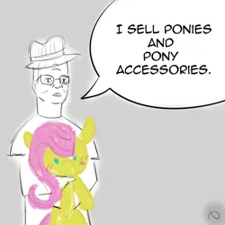 Size: 1000x1000 | Tagged: safe, artist:mabu, derpibooru import, fluttershy, pony, 30 minute art challenge, fedora, hank hill, hat, king of the hill, ponies for sale, pony pet, silly