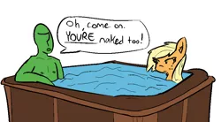 Size: 875x483 | Tagged: safe, artist:visiti, derpibooru import, applejack, oc, oc:anon, human, pony, applejack is not amused, blonde, bubble, dialogue, frown, glare, jacuzzi, loose hair, messy mane, nipples, nudity, on back, open mouth, silly, silly pony, slice of life, spa, this will end in angry countryisms, this will end in pain and/or angry countryisms, tub, unamused, water, water trough, we don't normally wear clothes, wet mane