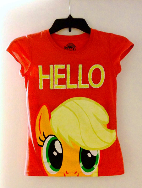 Size: 1186x1576 | Tagged: applejack, clothes, cute, derpibooru import, jackabetes, missing accessory, my little pony logo, photo, print, safe, text, t-shirt