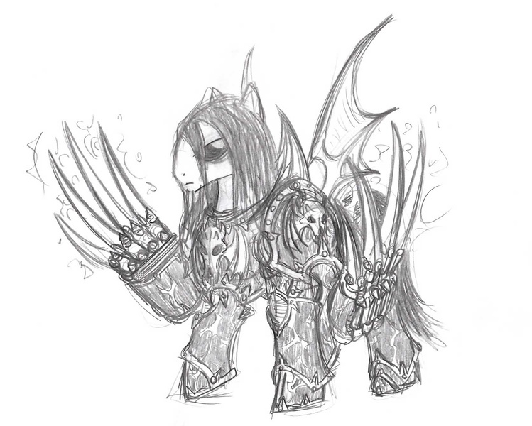 Size: 1680x1345 | Tagged: armor, artist:cahook2, derpibooru import, konrad curze, lightning claw, mercy and forgiveness, monochrome, night lords, ponified, powered exoskeleton, primarch, safe, solo, terminator armor, traditional art, warhammer 40k, warhammer (game)