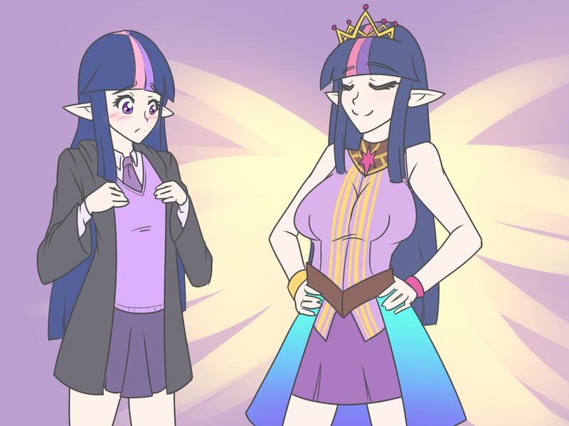 Size: 1316x987 | Tagged: artist:jonfawkes, ascension enhancement, blushing, breast envy, breasts, busty twilight sparkle, clothes, derpibooru import, duality, elf ears, eyes closed, female, frown, headcanon, human, humanized, jacket, miniskirt, necktie, new crown, safe, schoolgirl, school uniform, self paradox, shirt, skirt, smiling, sweater vest, twilight sparkle, unicorns as elves, vest, wide eyes