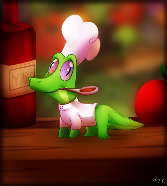 Size: 900x1000 | Tagged: artist:fj-c, chef, chef's hat, clothes, cute, derpibooru import, gummy, gummybetes, hat, mouth hold, safe, solo, spoon, the lost treasure of griffonstone