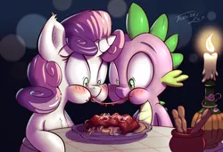 Size: 1200x822 | Tagged: safe, artist:tadashi--kun, derpibooru import, spike, sweetie belle, blushing, eating, female, food, lady and the tramp, male, meatballs, messy eating, puffy cheeks, scene parody, shipping, spaghetti, spaghetti scene, spikebelle, straight