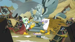 Size: 1908x1071 | Tagged: safe, derpibooru import, screencap, gilda, greta, king grover, gryphon, the lost treasure of griffonstone, clothes, eating, griffon scone, griffonstone, scarf, scone, statue