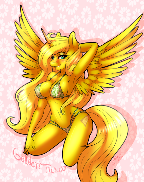 Size: 500x630 | Tagged: alicorn, alicorn oc, anthro, anthro oc, armpits, artist:fatcakes, bikini, breasts, clothes, derpibooru import, female, looking at you, nudity, oc, oc:ticket, solo, solo female, suggestive, swimsuit, unofficial characters only