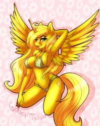 Size: 500x630 | Tagged: alicorn, alicorn oc, anthro, anthro oc, armpits, artist:fatcakes, bikini, breasts, clothes, derpibooru import, female, looking at you, nudity, oc, oc:ticket, solo, solo female, suggestive, swimsuit, unofficial characters only