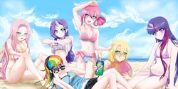 Size: 3200x1598 | Tagged: safe, artist:srtagiuu, derpibooru import, applejack, fluttershy, pinkie pie, rainbow dash, rarity, twilight sparkle, human, adorasexy, armpits, beach, beach ball, belly button, bicolor swimsuit, bikini, blue swimsuit, blushing, cleavage, clothes, colored pupils, covering, cute, cutie mark swimsuit, dashabetes, diapinkes, embarrassed, eye clipping through hair, female, frilled swimsuit, horned humanization, humanized, jackabetes, looking at you, mane six, midriff, nail polish, orange swimsuit, pink swimsuit, product placement, purple swimsuit, raribetes, see-through, sexy, shirt lift, shyabetes, side-tie bikini, sprite (brand), string bikini, sunglasses, swimsuit, twiabetes, white swimsuit, winged humanization, yellow swimsuit