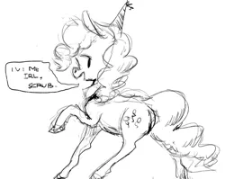 Size: 1005x800 | Tagged: dead source, safe, artist:berrydrops, derpibooru import, pinkie pie, earth pony, pony, female, grayscale, mare, monochrome, party hat, raised hoof, solo, u wot m8