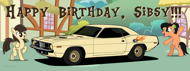 Size: 4024x1505 | Tagged: artist:therockinstallion, car, derpibooru import, happy birthday, oc, oc:rockette, plymouth, plymouth hemi cuda, safe, sibsy, wild fire