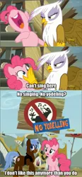 Size: 640x1376 | Tagged: safe, derpibooru import, edit, edited screencap, screencap, gilda, pinkie pie, oc, oc:anypony, gryphon, pony, the lost treasure of griffonstone, comic, female, mare, phineas and ferb, screencap comic