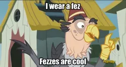 Size: 495x264 | Tagged: safe, derpibooru import, edit, edited screencap, screencap, grampa gruff, gryphon, the lost treasure of griffonstone, blind eye, caption, doctor who, eye scar, fez, hat, image macro, scar, solo, text