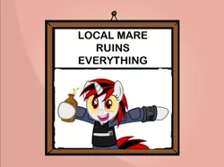 Size: 500x373 | Tagged: safe, derpibooru import, oc, oc:blackjack, unofficial characters only, pony, unicorn, fallout equestria, fallout equestria: project horizons, fanfic, alcohol, bottle, clothes, everything is ruined, fanfic art, female, hooves, horn, local mare ruins everything, mare, open mouth, pipbuck, queen whiskey, solo, teeth, text, vault suit, whiskey