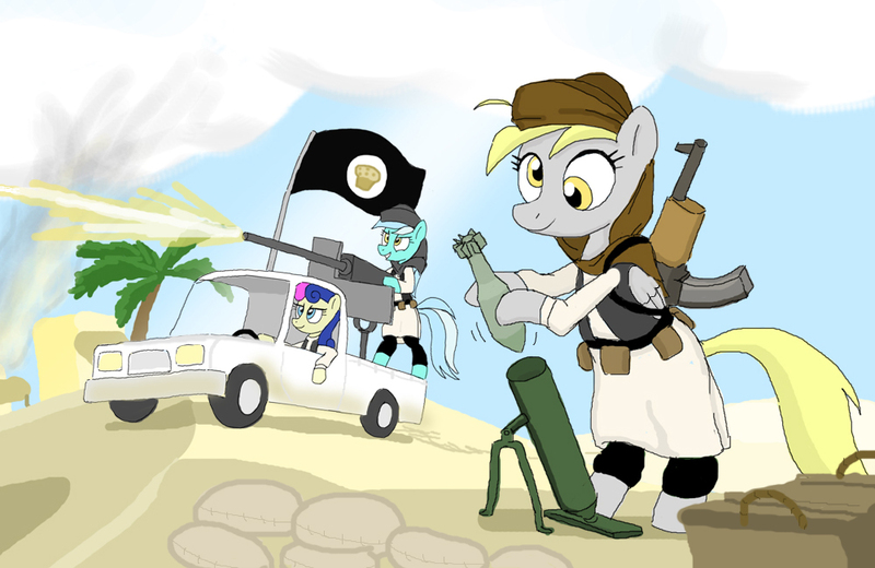 Size: 1000x650 | Tagged: safe, artist:shutterflye, derpibooru import, bon bon, derpy hooves, lyra heartstrings, sweetie drops, pegasus, pony, ak-47, assault rifle, badass, civil war, female, flag, gun, imminent explosion, iraq, iraqi insurgency, islamic state, machine gun, mare, mortar, stupidity, syria, syrian civil war, technical, terrorism, this will end in tears and/or death, truck, war, you had one job