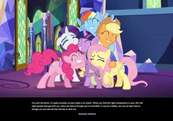 Size: 1438x1005 | Tagged: safe, derpibooru import, screencap, applejack, fluttershy, pinkie pie, rainbow dash, rarity, spike, twilight sparkle, twilight sparkle (alicorn), alicorn, pony, castle sweet castle, female, friendshipping, group hug, heartwarming, inspirational, mane seven, mane six, mare, quote, sylvester stallone