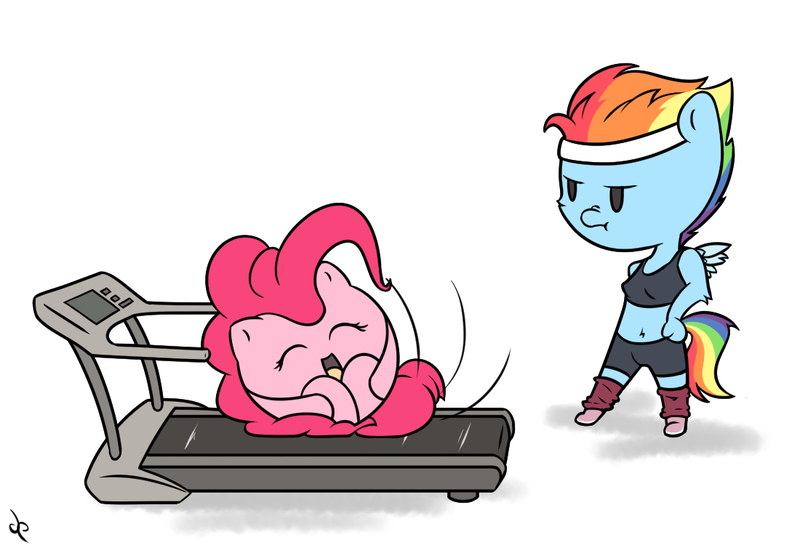 Size: 1100x750 | Tagged: anthro, artist:doggonepony, ball, derpibooru import, duo, morph ball, pinkieball, pinkie pie, rainbow dash, rolling, safe, spin dash, treadmill