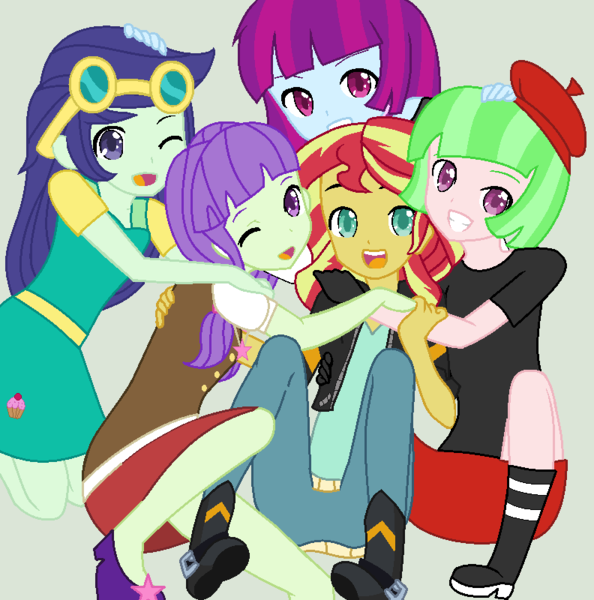 Size: 792x800 | Tagged: safe, artist:imtailsthefoxfan, derpibooru import, blueberry cake, drama letter, mystery mint, starlight, sunset shimmer, watermelody, equestria girls, anime, background human, beret, cute, dramabetes, group, group hug, hat, mysterybetes, quintet, shimmerbetes