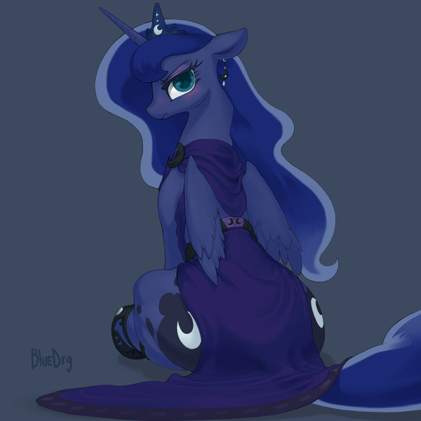 Size: 2048x2048 | Tagged: safe, artist:bluedrg19, derpibooru import, princess luna, alicorn, pony, blushing, both cutie marks, clothes, cute, dress, earring, eyeshadow, female, floppy ears, frown, glare, high res, jewelry, looking at you, looking back, lunabetes, mare, moonbutt, piercing, plot, profile, rear view, simple background, sitting, solo, unamused