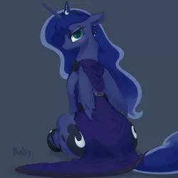 Size: 2048x2048 | Tagged: safe, artist:bluedrg19, derpibooru import, princess luna, alicorn, pony, blushing, both cutie marks, clothes, cute, dress, earring, eyeshadow, female, floppy ears, frown, glare, high res, jewelry, looking at you, looking back, lunabetes, mare, moonbutt, piercing, plot, profile, rear view, simple background, sitting, solo, unamused