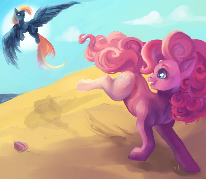 Size: 2000x1733 | Tagged: artist:schnellentod, beach, derpibooru import, pinkie pie, rainbow dash, safe, summer