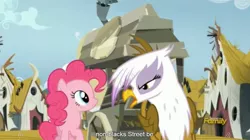 Size: 1277x713 | Tagged: safe, derpibooru import, screencap, gilda, pinkie pie, gryphon, the lost treasure of griffonstone, meme, youtube caption