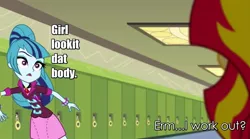 Size: 1280x714 | Tagged: safe, derpibooru import, edit, edited screencap, screencap, sonata dusk, sunset shimmer, equestria girls, rainbow rocks, caption, gawking, image macro, lmfao, lyrics, meme, sexy and i know it (lmfao), shipping, song reference, sunata