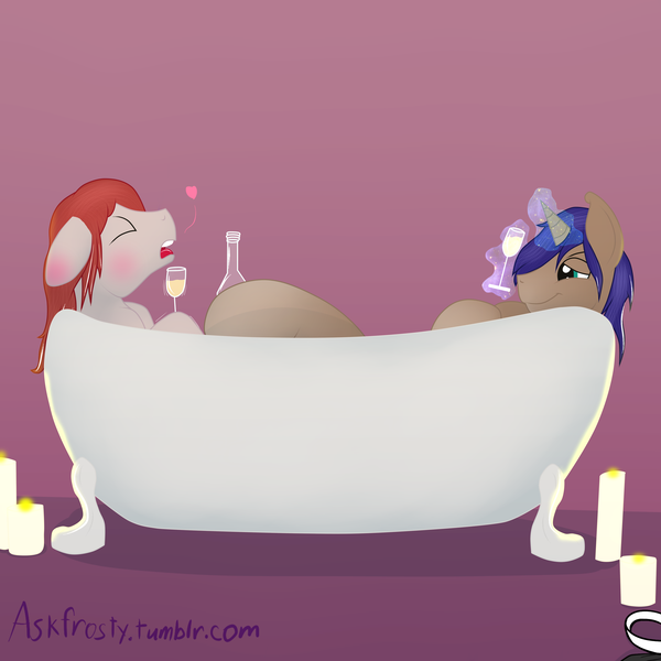 Size: 4000x4000 | Tagged: absurd resolution, ahegao, artist:frost stormwind, artist:frostyb, bath, bathtub, bedroom eyes, blushing, bottle, candle, claw foot bathtub, derpibooru import, floppy ears, gay, heart, implied hoofjob, implied sex, levitation, magic, male, oc, open mouth, shaking, smiling, suggestive, unofficial characters only, wet mane, wine, wine glass