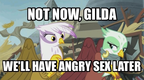 Size: 606x337 | Tagged: suggestive, derpibooru import, edit, edited screencap, screencap, gilda, greta, gryphon, the lost treasure of griffonstone, angry sex, caption, female, grelda, image macro, implied sex, lesbian, meme, shipping