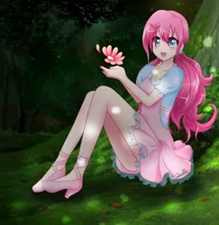 Size: 2571x2640 | Tagged: artist:srtagiuu, blushing, clothes, cute, derpibooru import, diapinkes, dress, eye clipping through hair, flower, forest, human, humanized, looking at you, pinkie pie, safe, sitting, solo, srtagiuu is trying to murder us