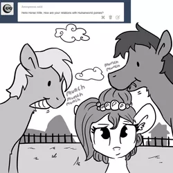 Size: 900x900 | Tagged: safe, artist:tjpones, derpibooru import, oc, oc:brownie bun, unofficial characters only, horse, pony, horse wife, ask, carrot, food, horse-pony interaction, horses doing horse things, monochrome, onomatopoeia, tumblr